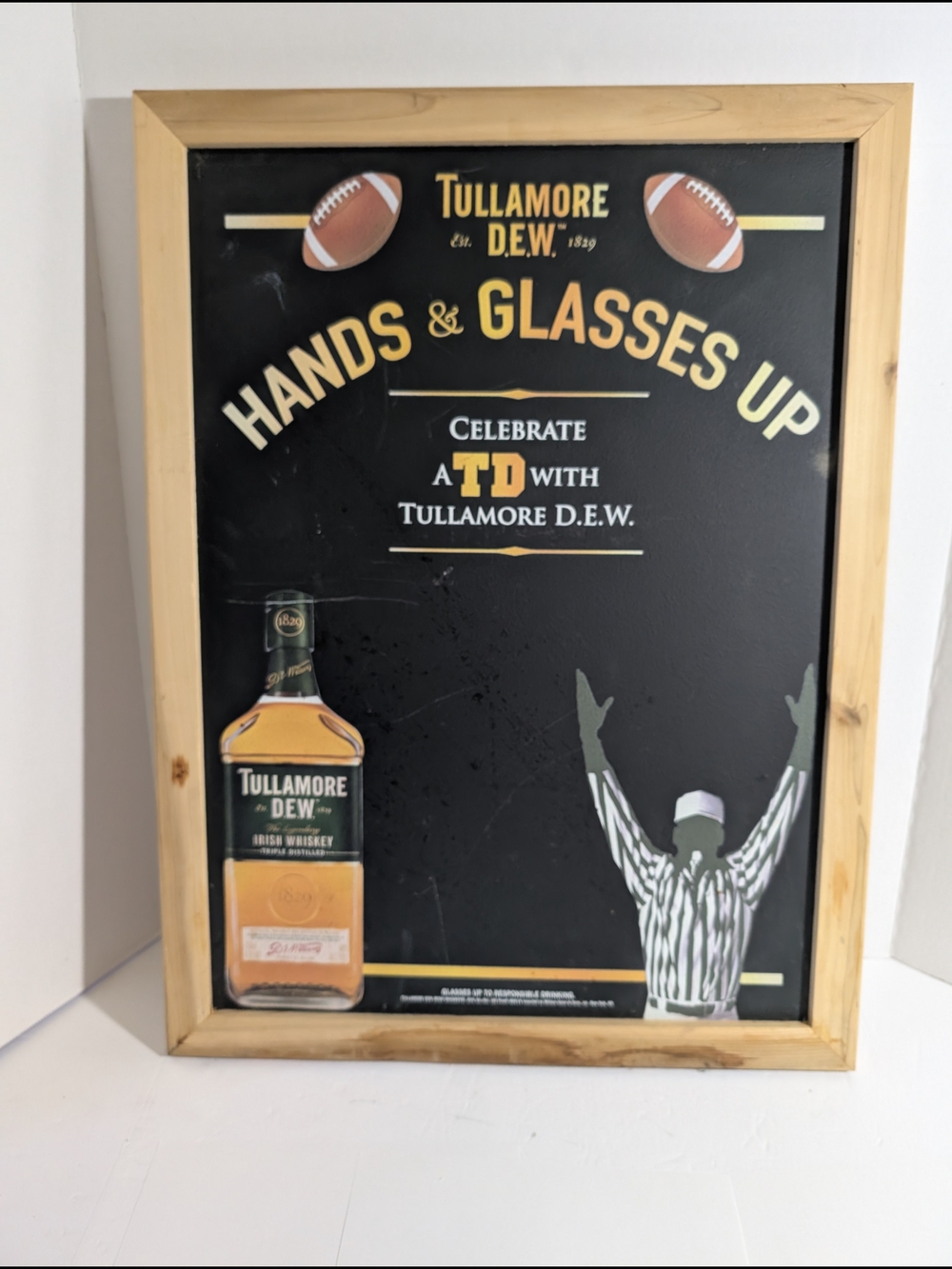 Tullamore D.E.W. 'Hands & Glasses Up' Framed Whiskey Sign - Black & Tan